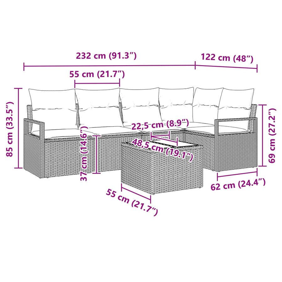 Bankstel 6 pcs Grijs poly rattan