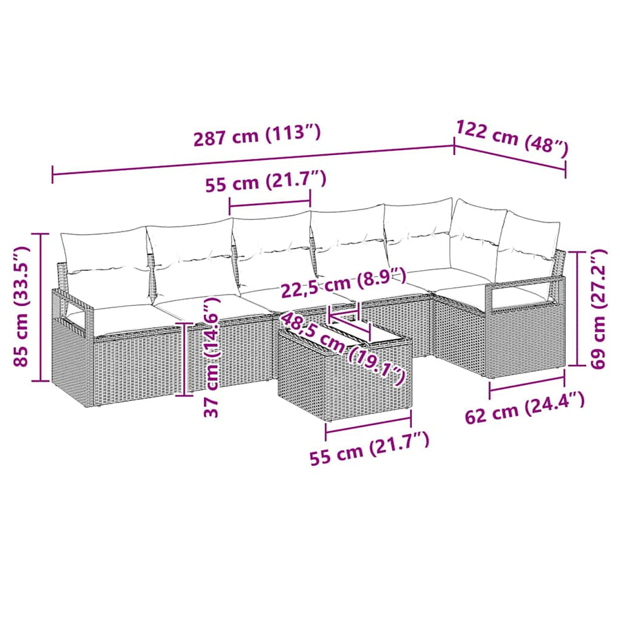 Bankstel 7 pcs Lichtgrijs poly rattan