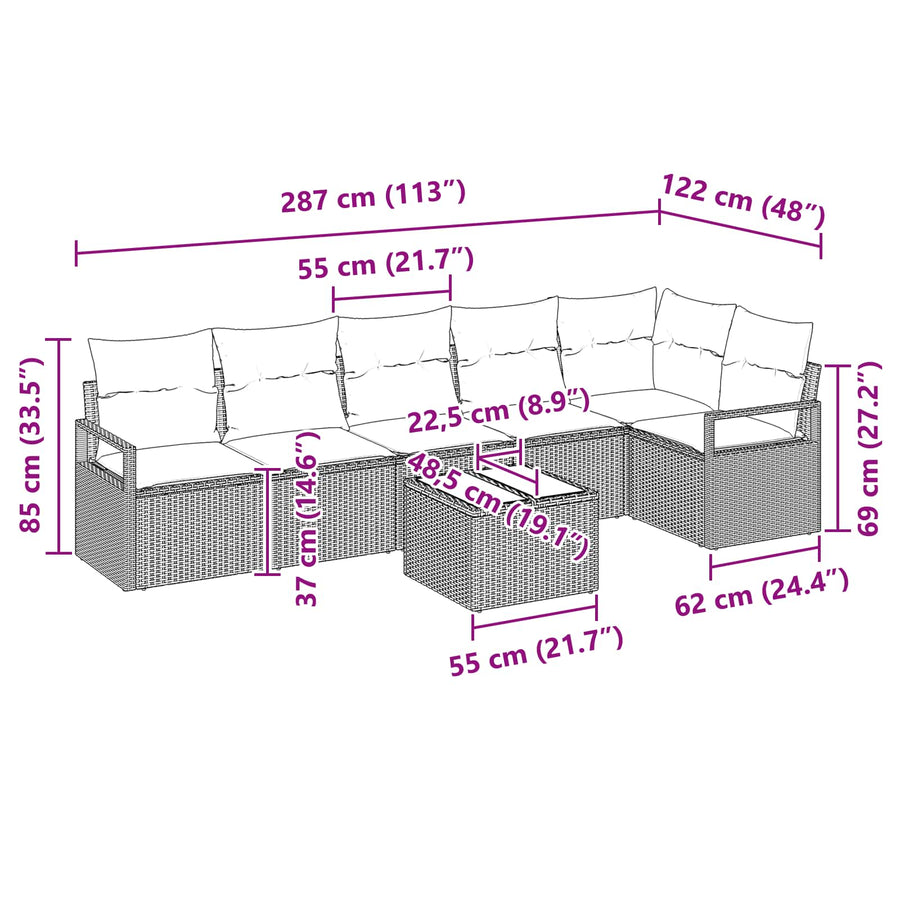 Bankstel 7 pcs Zwart poly rattan