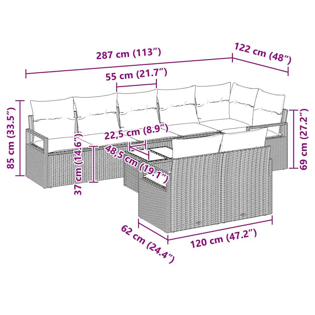 Bankstel 9 pcs Grijs poly rattan