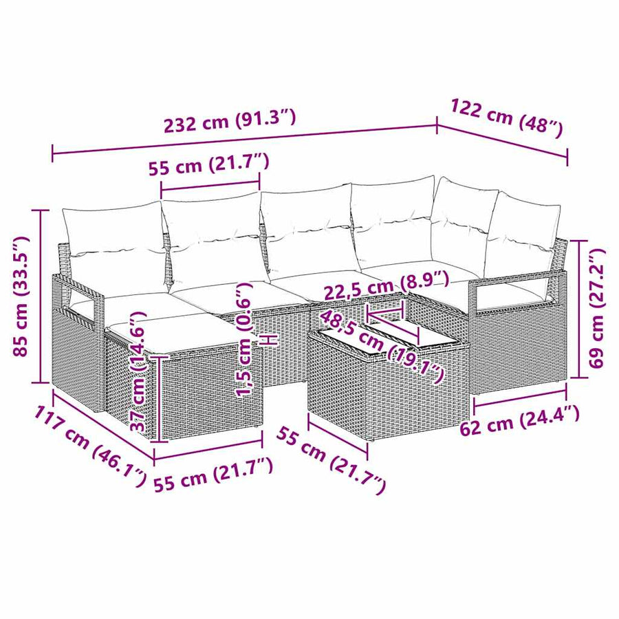 Bankstel 7 pcs Zwart poly rattan