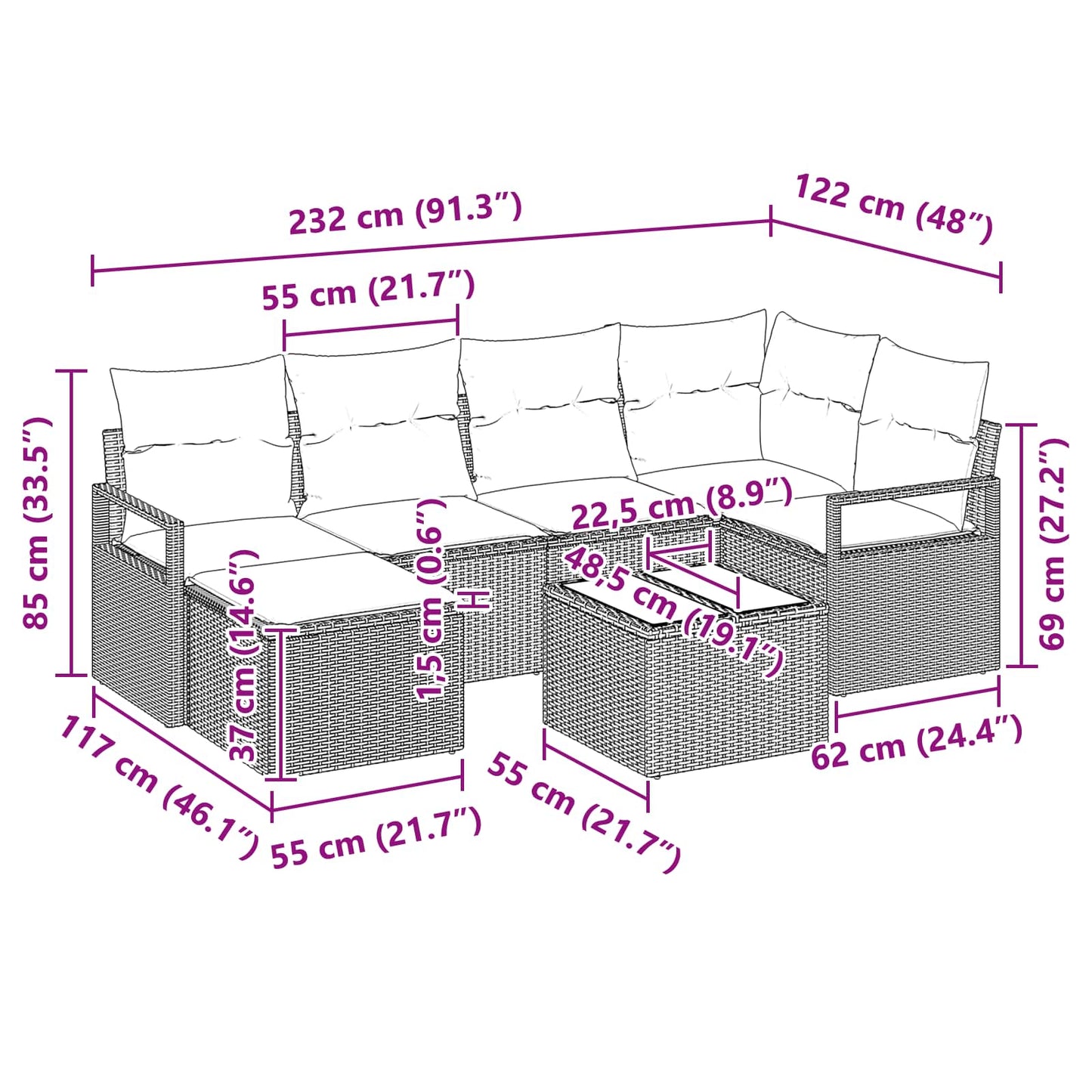 Bankstel met kussen 7 pcs Zwart poly rattan