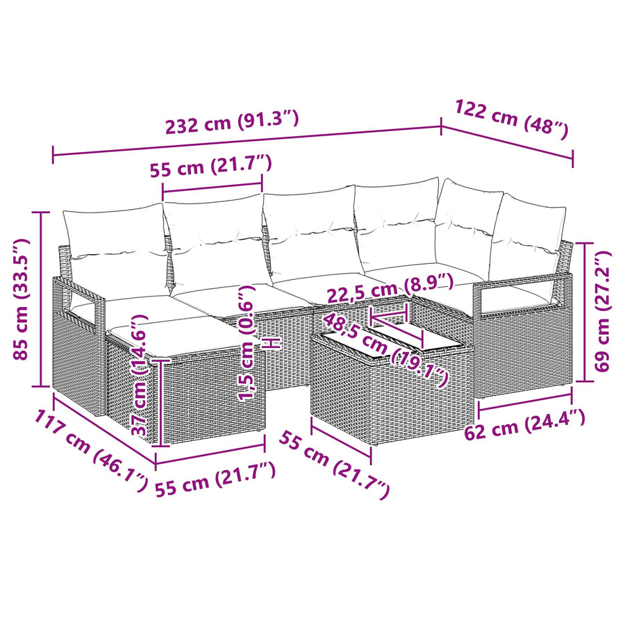 Bankstel met kussen 7 pcs Zwart poly rattan