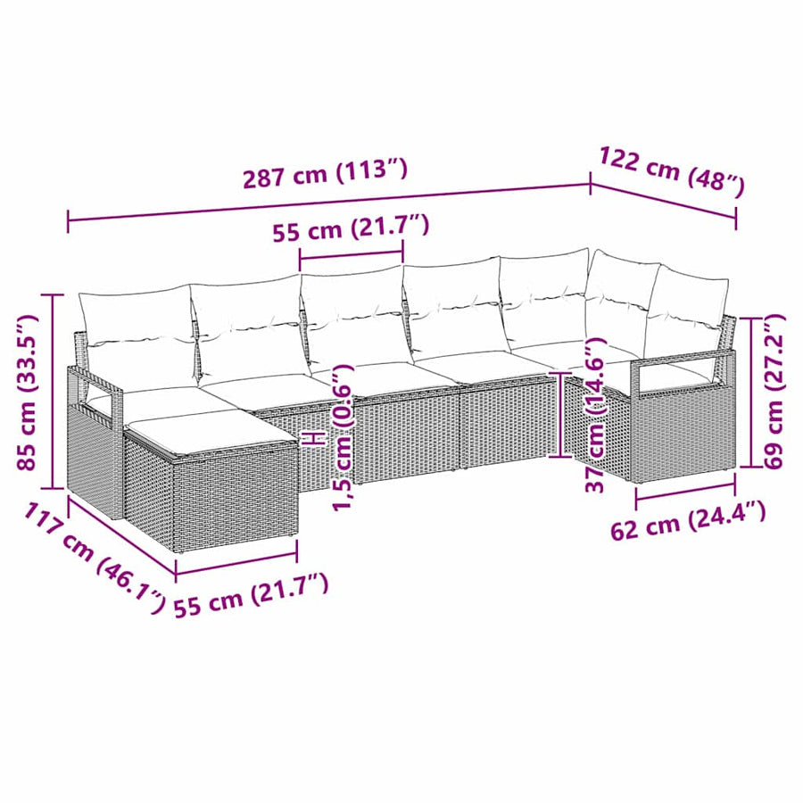 Bankstel met kussen 7 pcs Zwart poly rattan