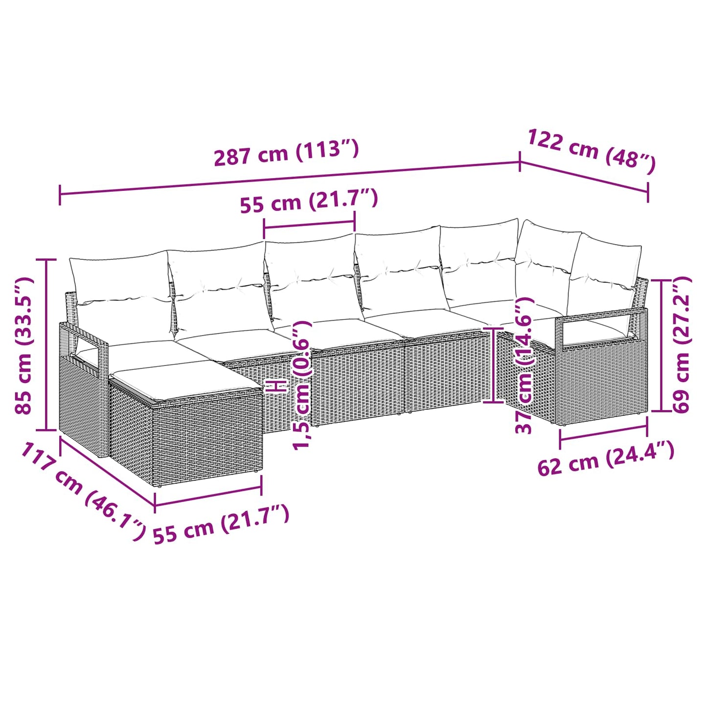 Bankstel met kussen 7 pcs Bruin poly rattan