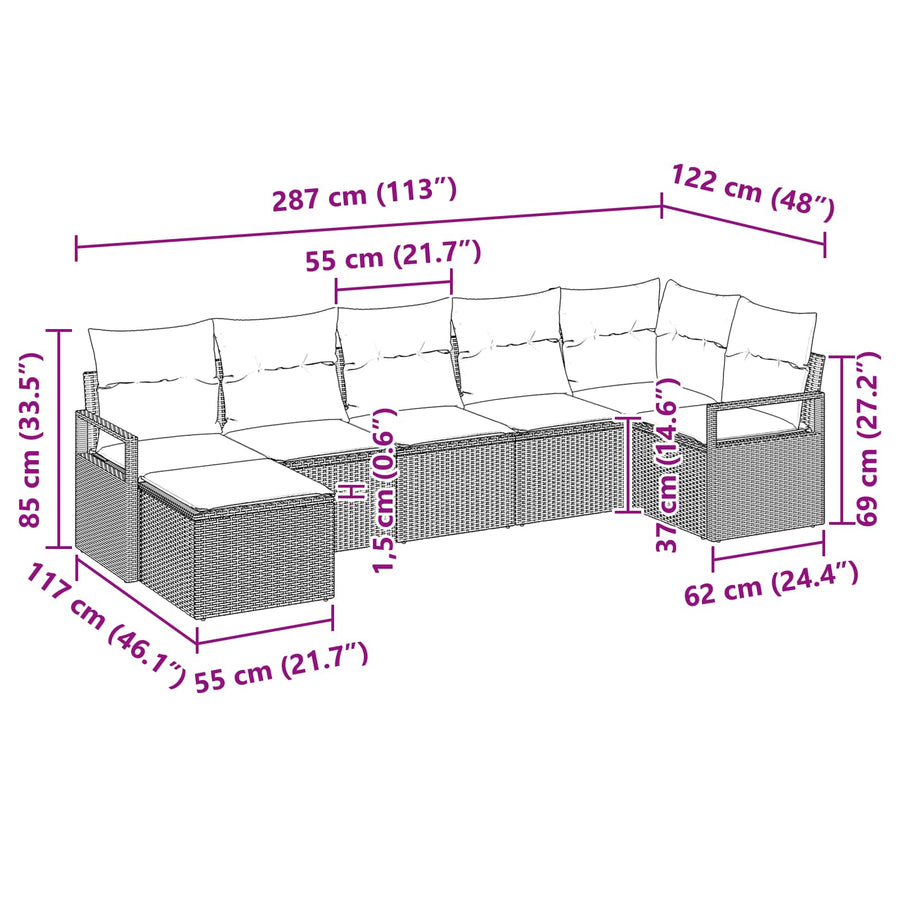 Bankstel met kussen 7 pcs Bruin poly rattan