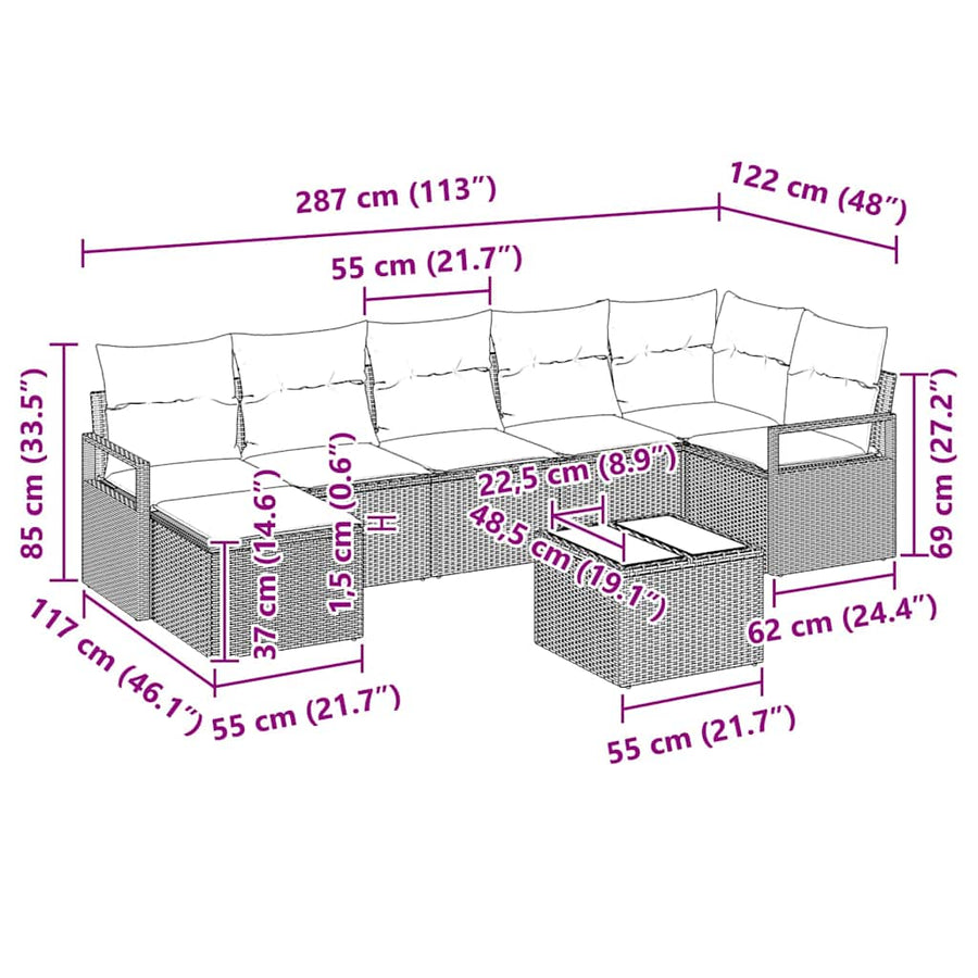 Bankstel met kussen 8 pcs Lichtgrijs poly rattan