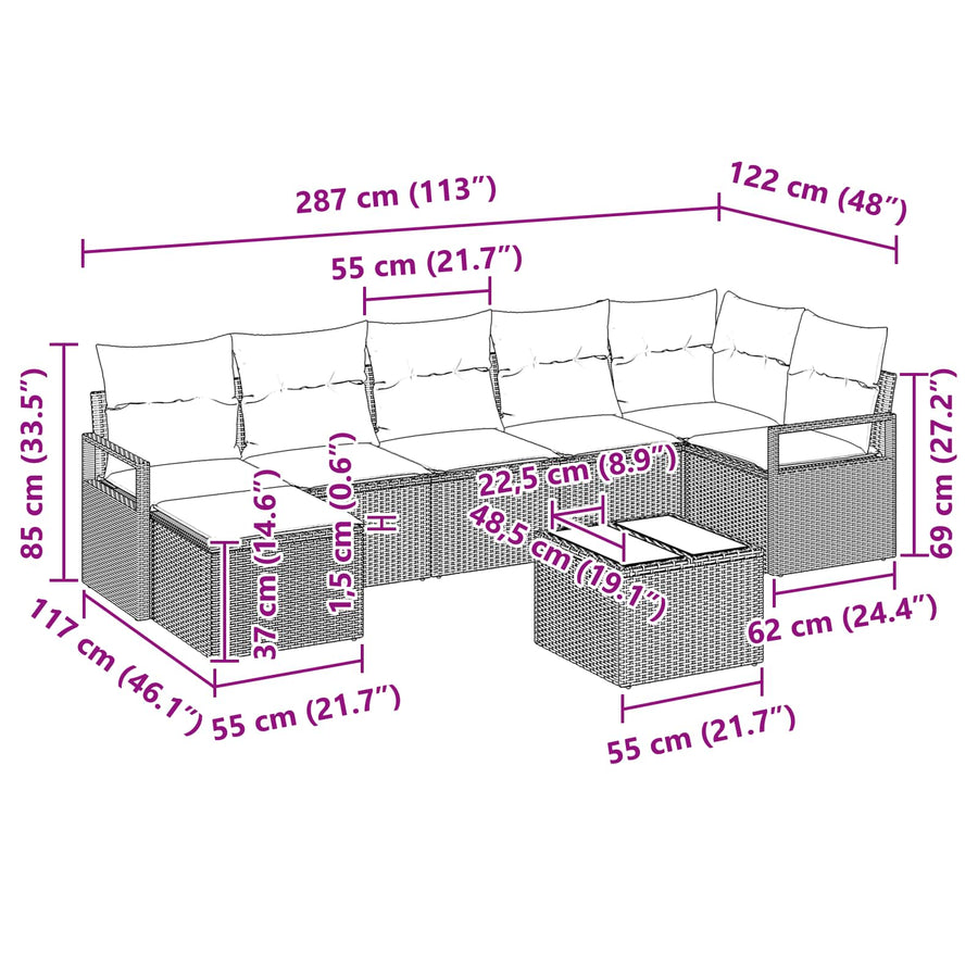 Bankstel met kussen 8 pcs Grijs poly rattan