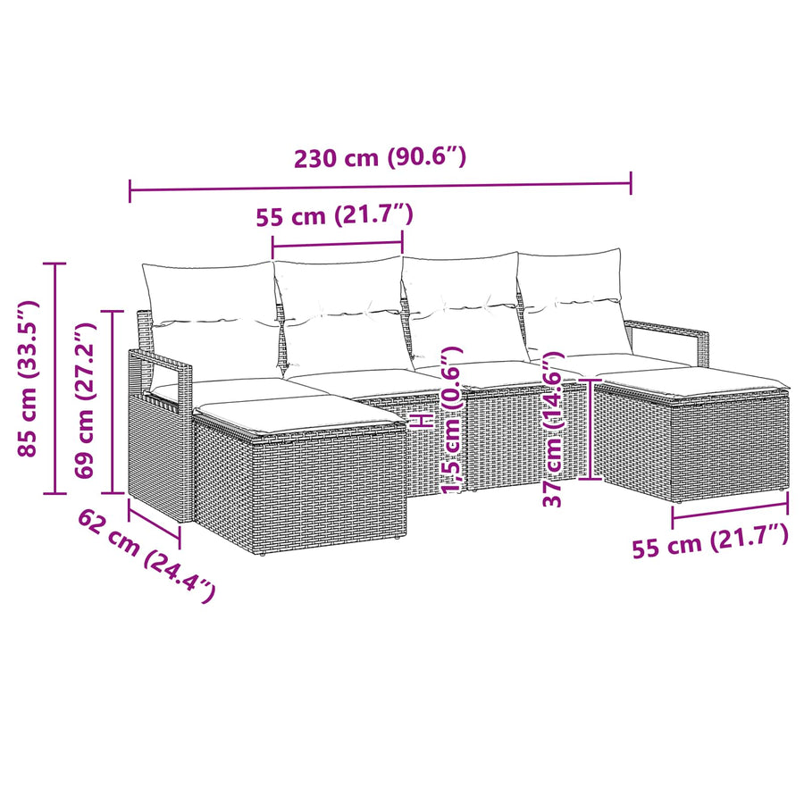 Bankstel 6 pcs Grijs poly rattan