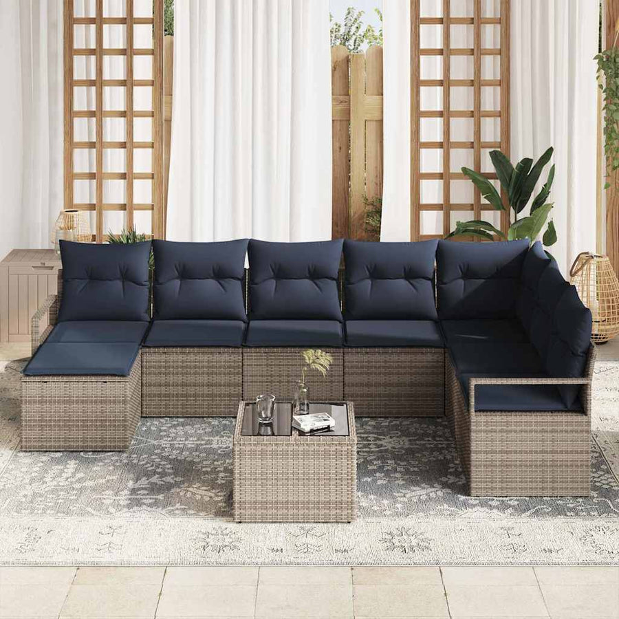 Bankstel met kussen 9 pcs Grijs poly rattan