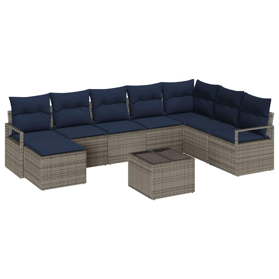 Bankstel met kussen 9 pcs Grijs poly rattan