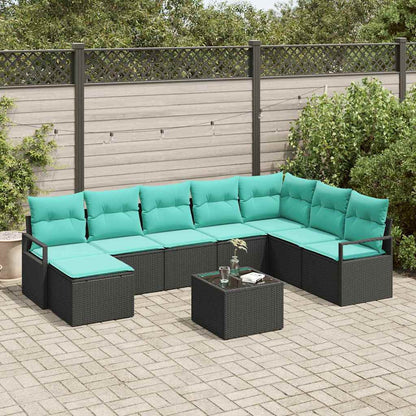 Bankstel met kussen 9 pcs Zwart poly rattan