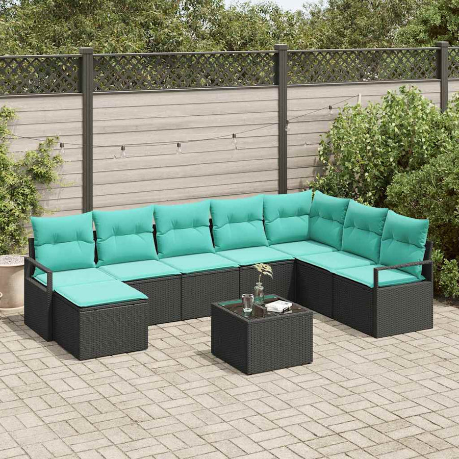 Bankstel met kussen 9 pcs Zwart poly rattan