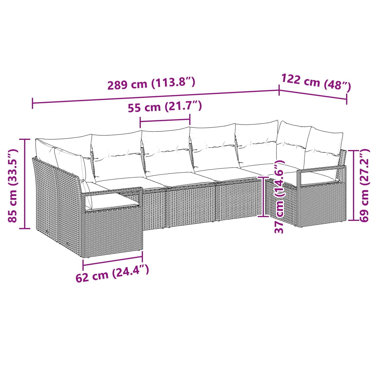Bankstel met kussen 7 pcs Bruin poly rattan