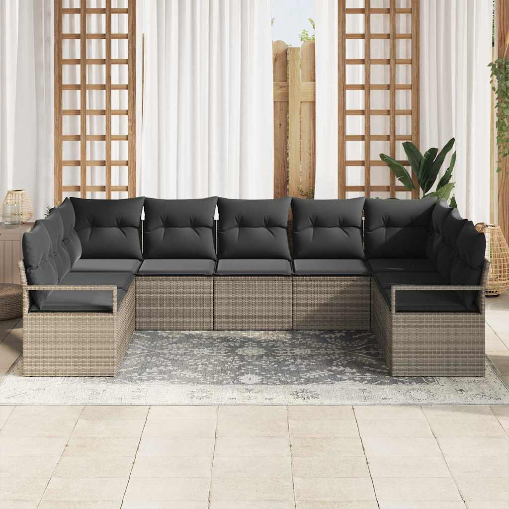 Bankstel met kussen 9 pcs Grijs poly rattan