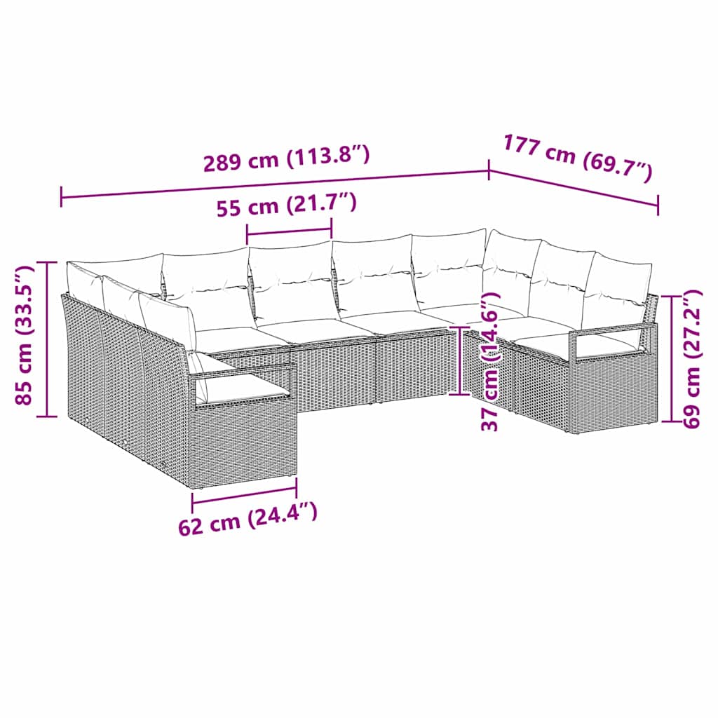 Bankstel met kussen 9 pcs Grijs poly rattan