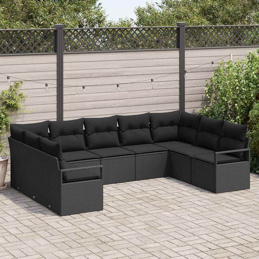 Bankstel met kussen 9 pcs Zwart poly rattan