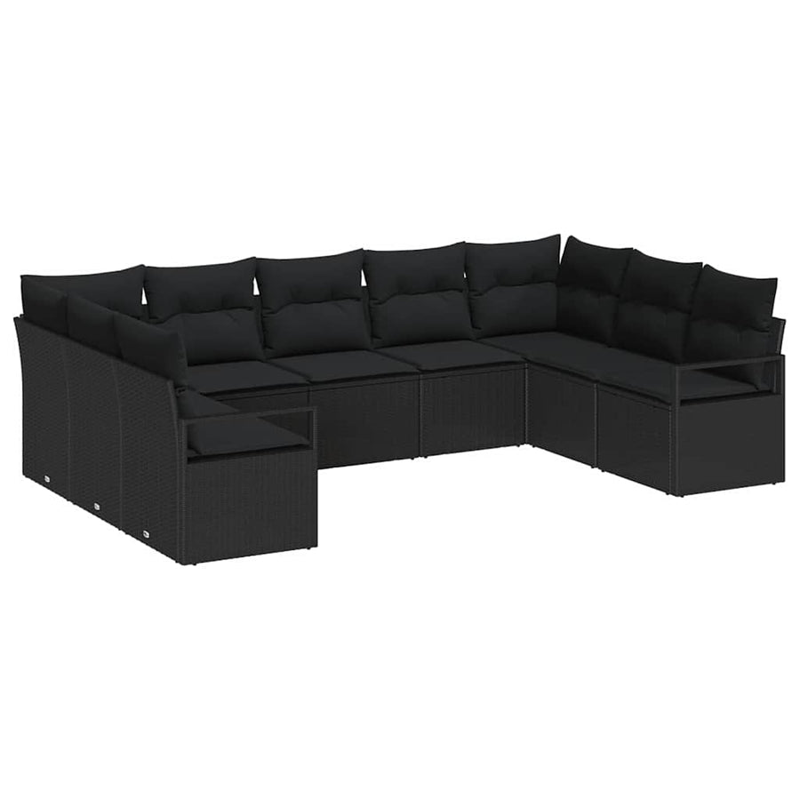 Bankstel met kussen 9 pcs Zwart poly rattan