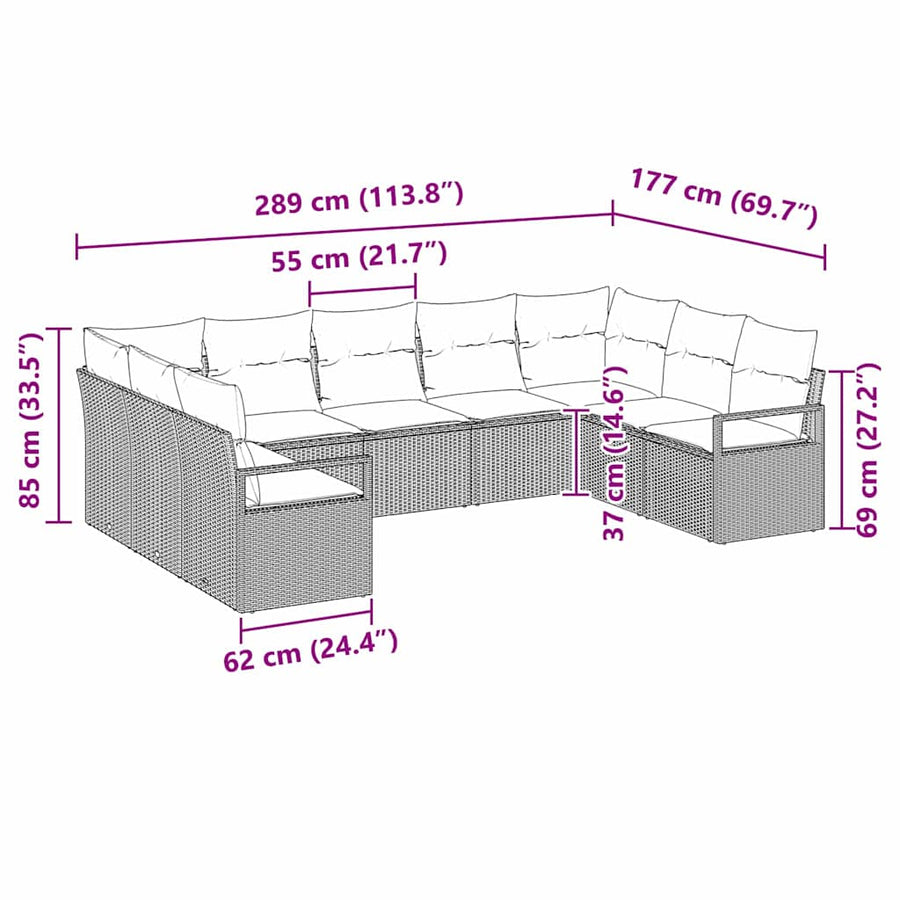 Bankstel met kussen 9 pcs Zwart poly rattan