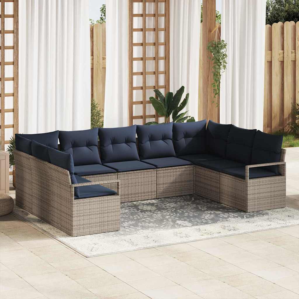 Bankstel met kussen 9 pcs Grijs poly rattan