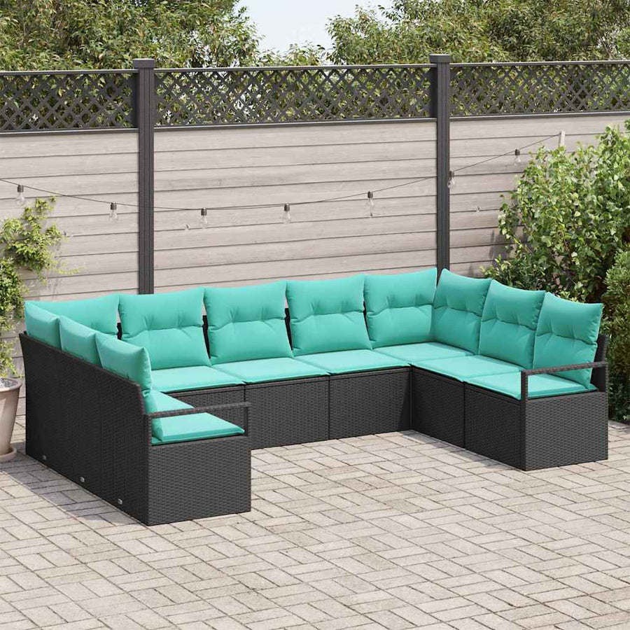 Bankstel met kussen 9 pcs Zwart poly rattan