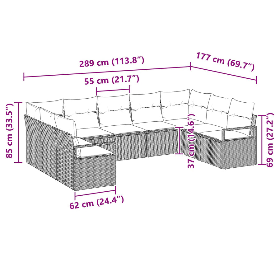 Bankstel met kussen 9 pcs Zwart poly rattan
