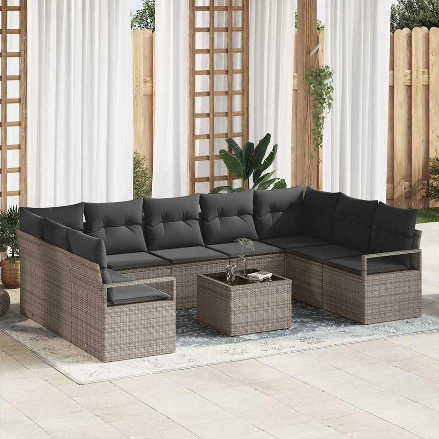 Bankstel met kussen 10 pcs Grijs poly rattan