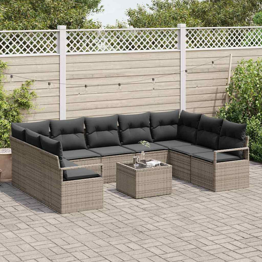 Bankstel met kussen 10 pcs Grijs poly rattan