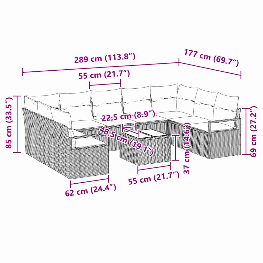 Bankstel met kussen 10 pcs Grijs poly rattan