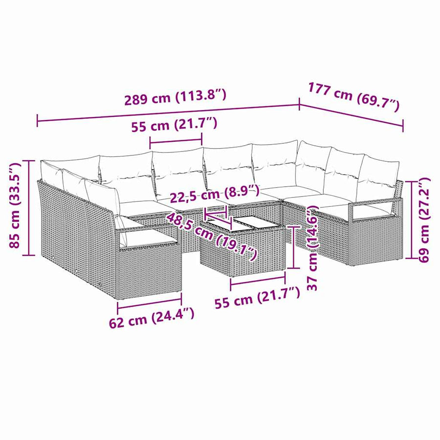 Bankstel met kussen 10 pcs Grijs poly rattan