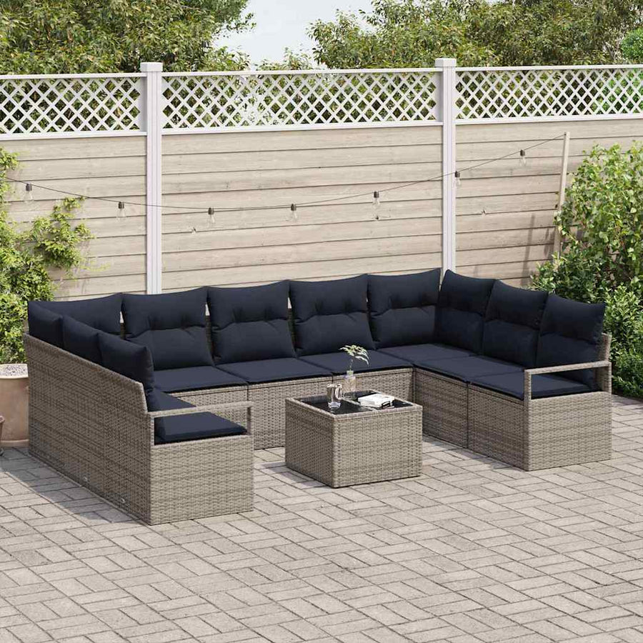 Bankstel met kussen 10 pcs Grijs poly rattan