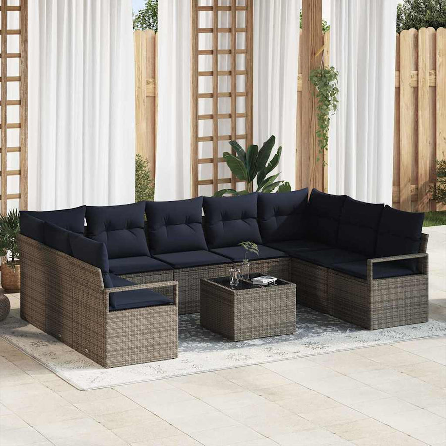 Bankstel met kussen 10 pcs Grijs poly rattan
