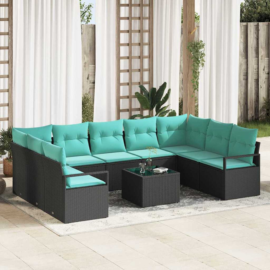 Bankstel met kussen 10 pcs Zwart poly rattan