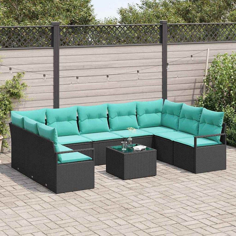 Bankstel met kussen 10 pcs Zwart poly rattan