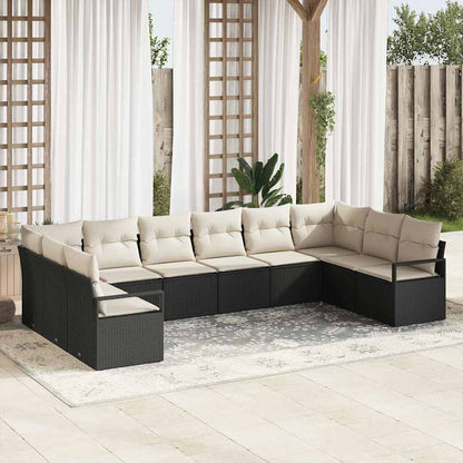 Bankstel met kussen 10 pcs Zwart poly rattan
