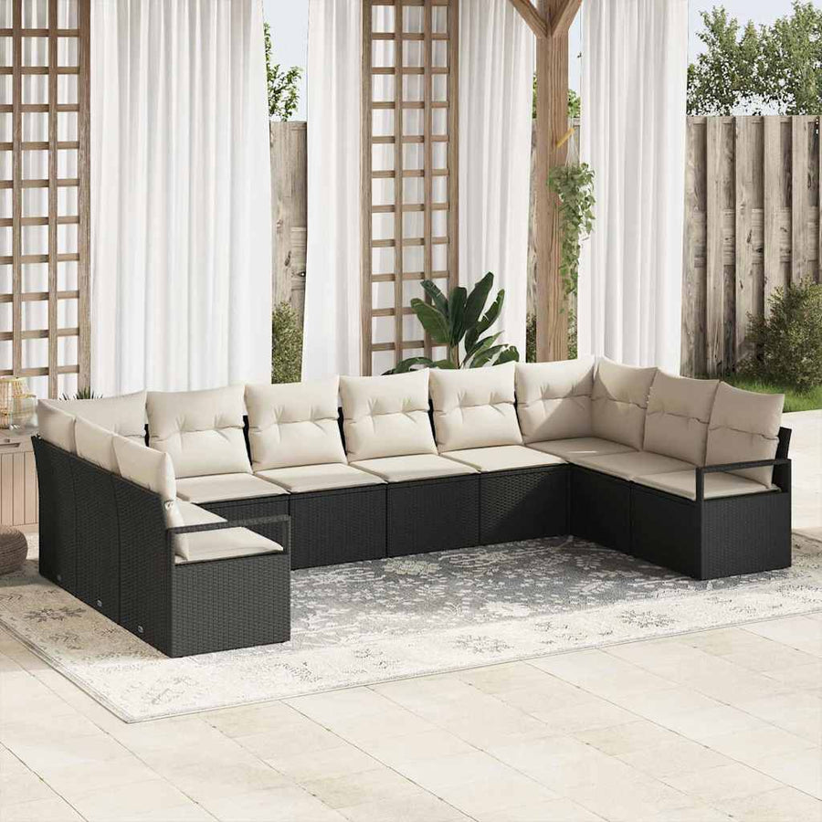 Bankstel met kussen 10 pcs Zwart poly rattan