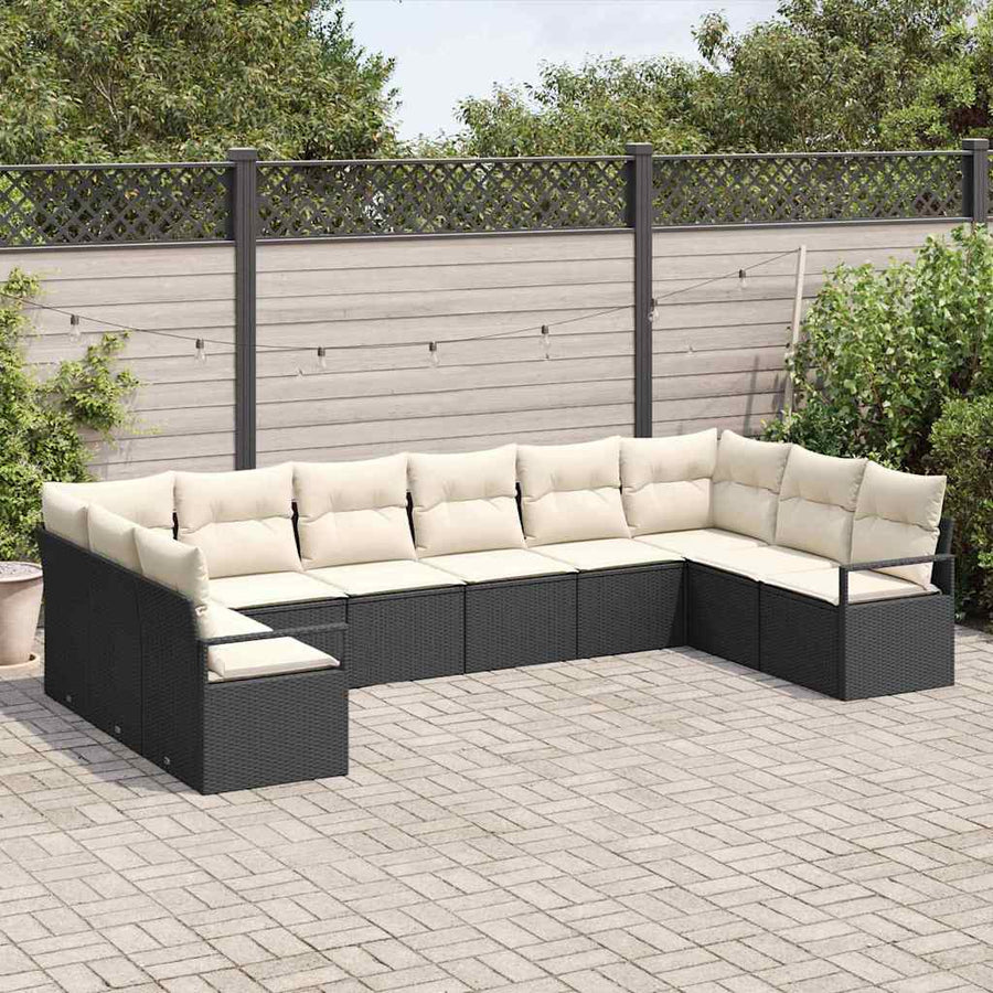 Bankstel met kussen 10 pcs Zwart poly rattan