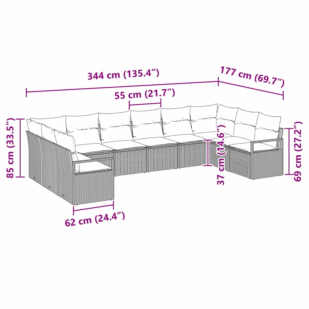 Bankstel met kussen 10 pcs Zwart poly rattan