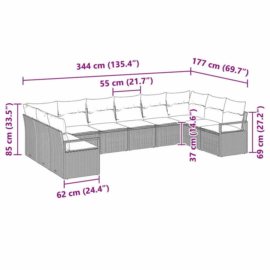 Bankstel met kussen 10 pcs Grijs poly rattan