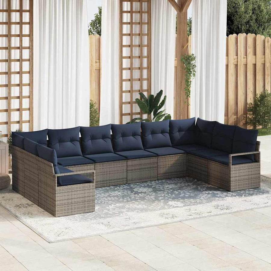 Bankstel met kussen 10 pcs Grijs poly rattan