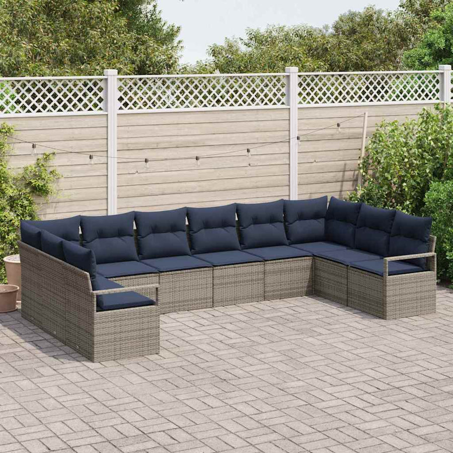 Bankstel met kussen 10 pcs Grijs poly rattan