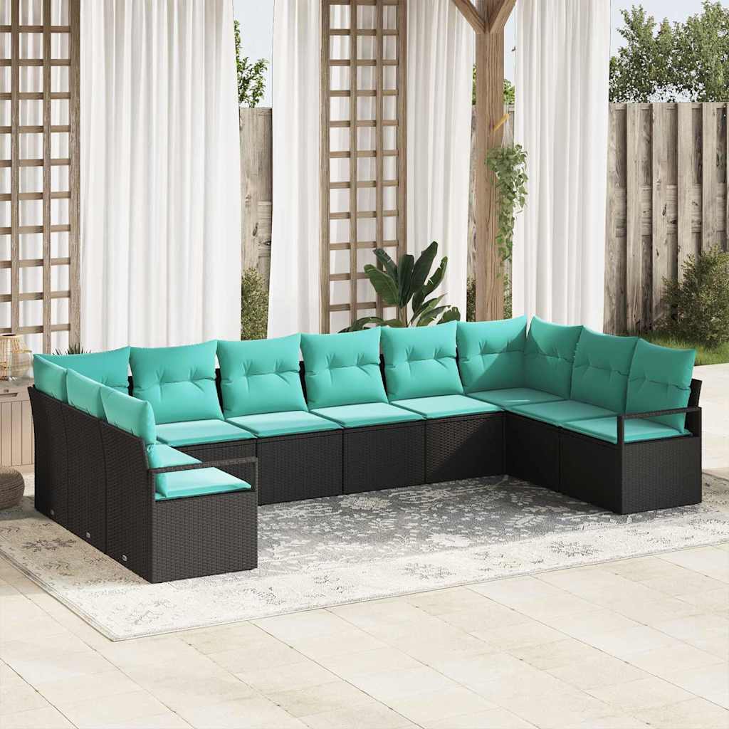 Bankstel met kussen 10 pcs Zwart poly rattan