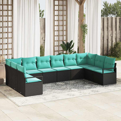 Bankstel met kussen 10 pcs Zwart poly rattan