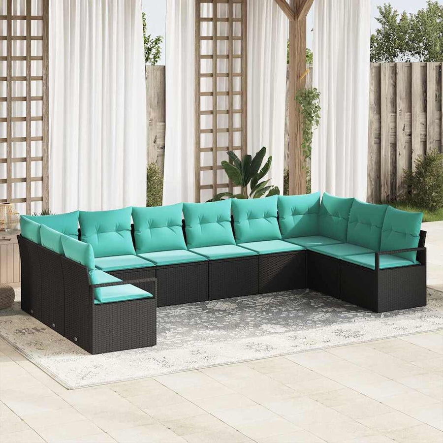 Bankstel met kussen 10 pcs Zwart poly rattan