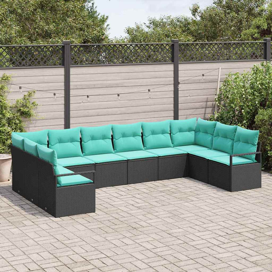 Bankstel met kussen 10 pcs Zwart poly rattan
