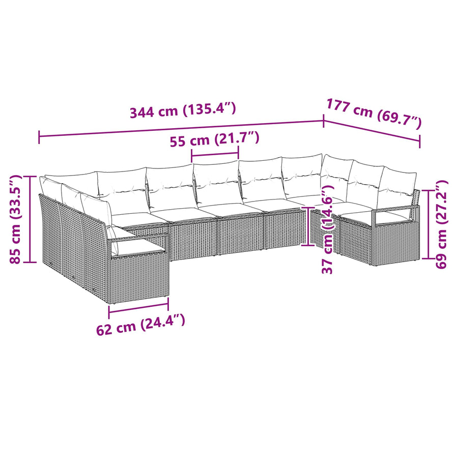Bankstel met kussen 10 pcs Zwart poly rattan
