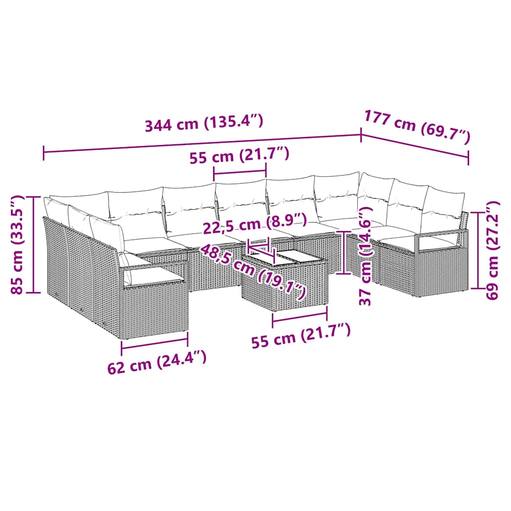 Bankstel met kussen 11 pcs Bruin poly rattan