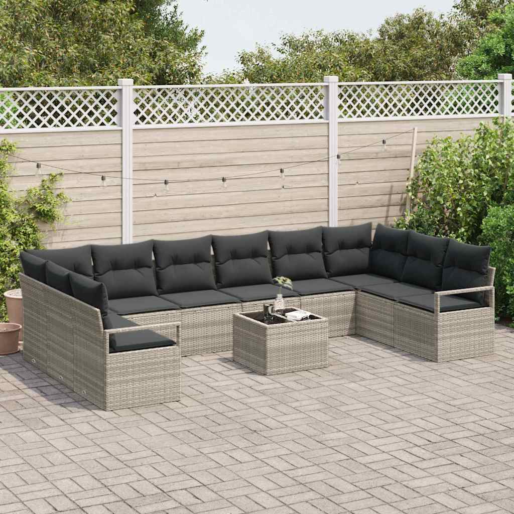 Bankstel met kussen 11 pcs Lichtgrijs poly rattan