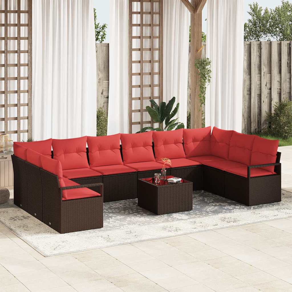 Bankstel met kussen 11 pcs Bruin poly rattan