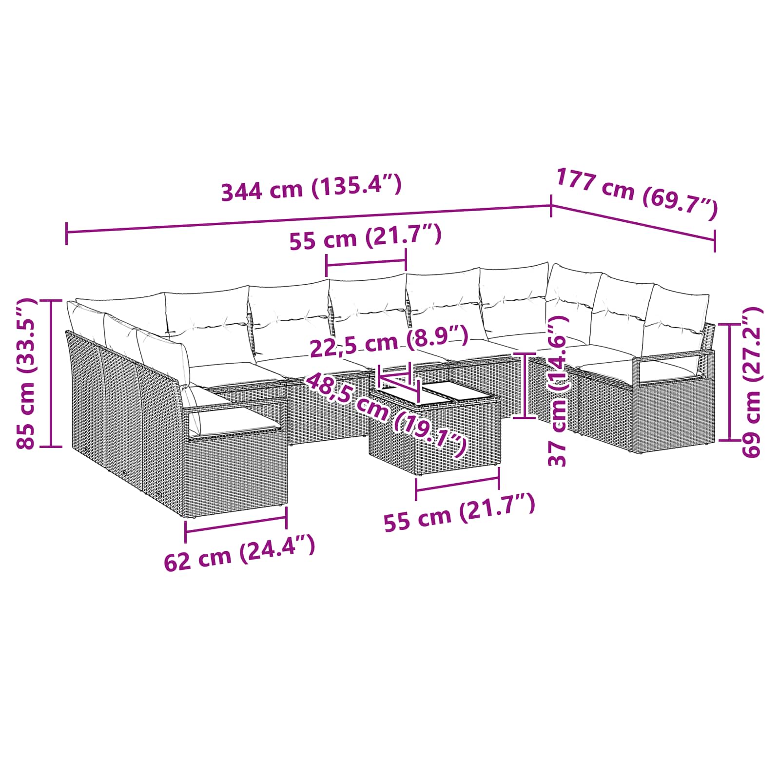 Bankstel met kussen 11 pcs Grijs poly rattan
